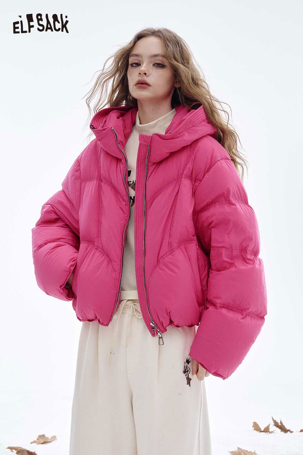 ELFSACK women's graphic long sleeve t-shirt paired with a vibrant pink puffer jacket