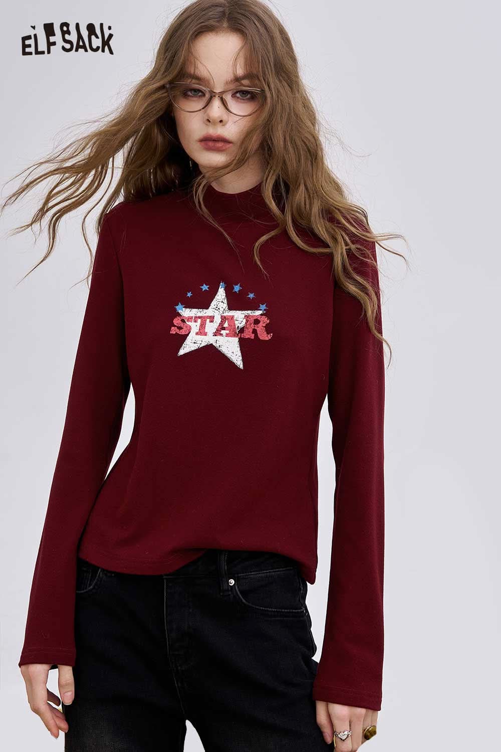 ELFSACK women's graphic long sleeve t-shirt in burgundy with a star design for casual wear