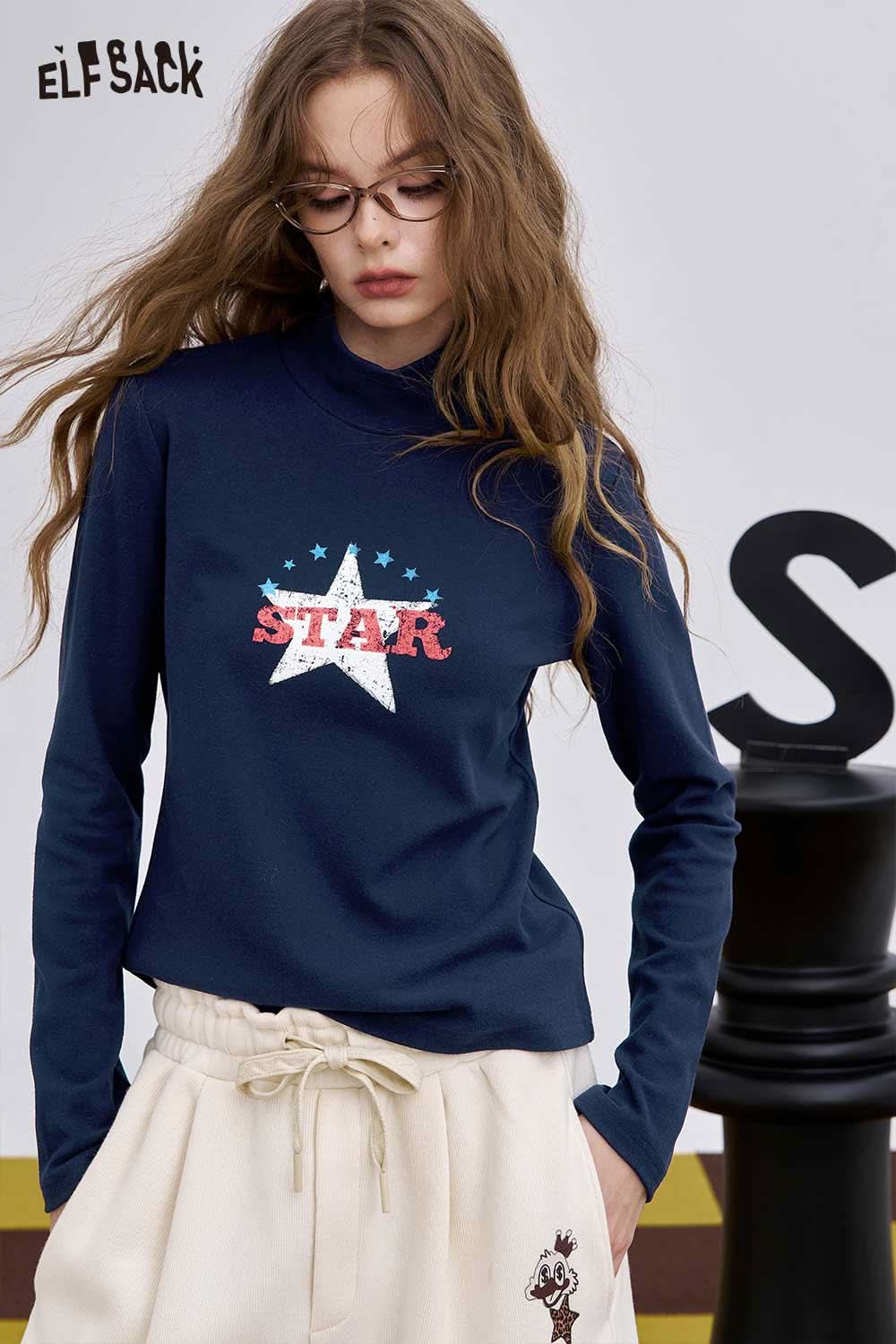 ELFSACK women's graphic long sleeve t-shirt in navy blue with star print design