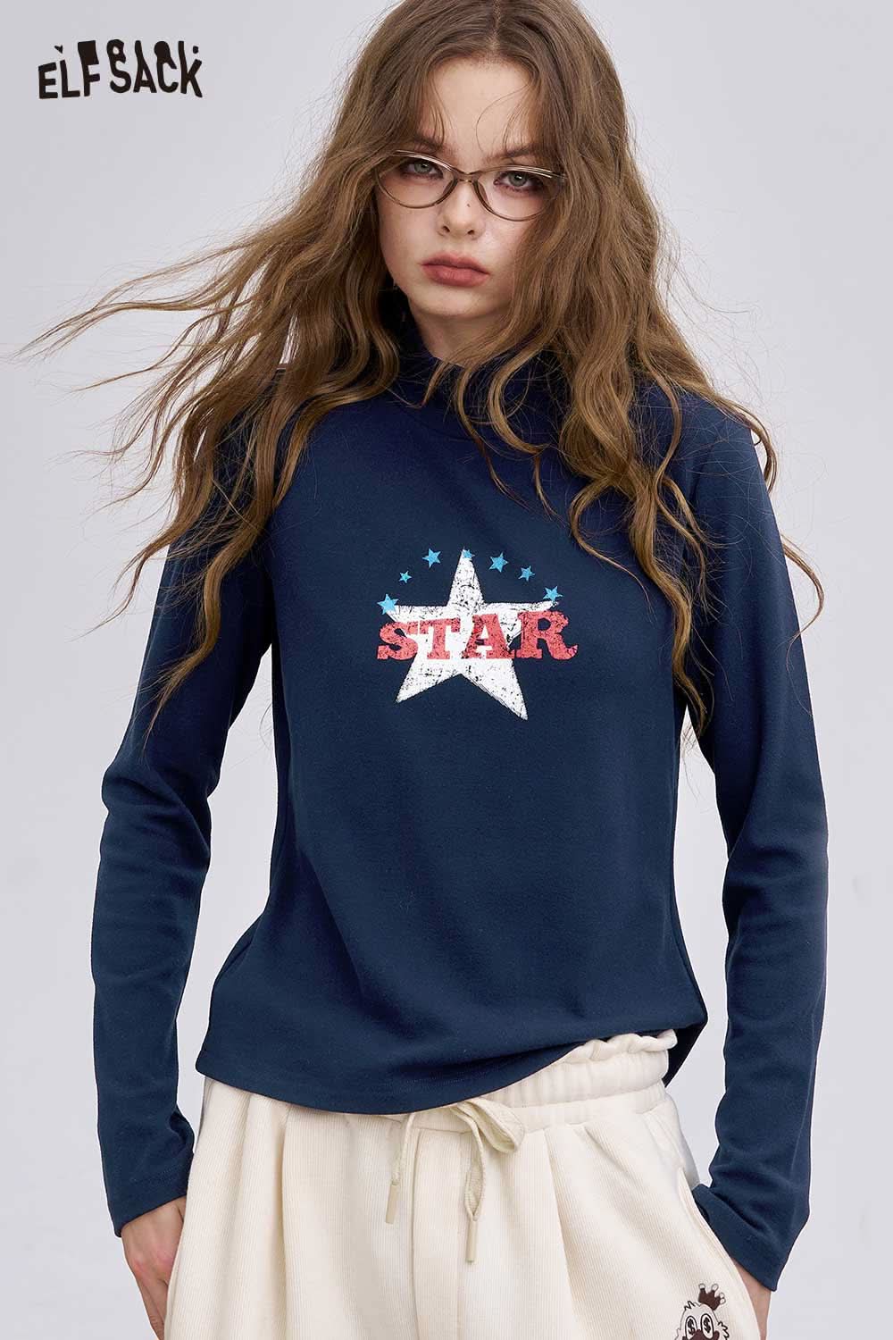 Women's graphic long sleeve t-shirt by ELFSACK featuring a star design in navy blue