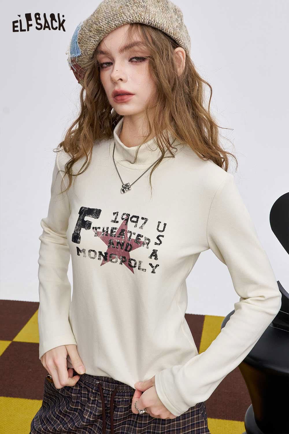 ELFSACK women's graphic long sleeve t-shirt in cream with a stylish print for casual wear