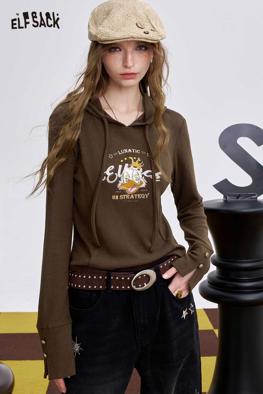 ELFSACK women's graphic long sleeve tshirt in brown with stylish design and comfortable fit