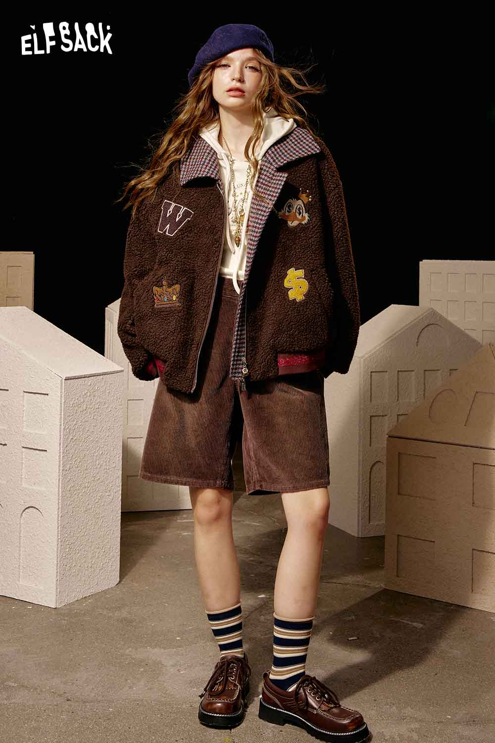 ELFSACK women's graphic long sleeve tshirt paired with a stylish oversized jacket and shorts