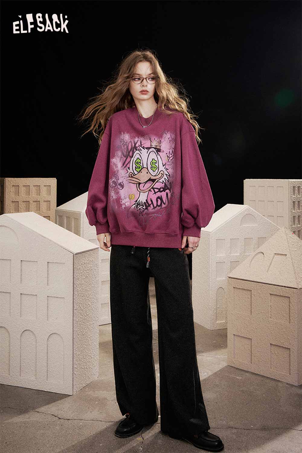 ELFSACK women's graphic long sleeve tshirt in burgundy with playful cartoon design for casual wear