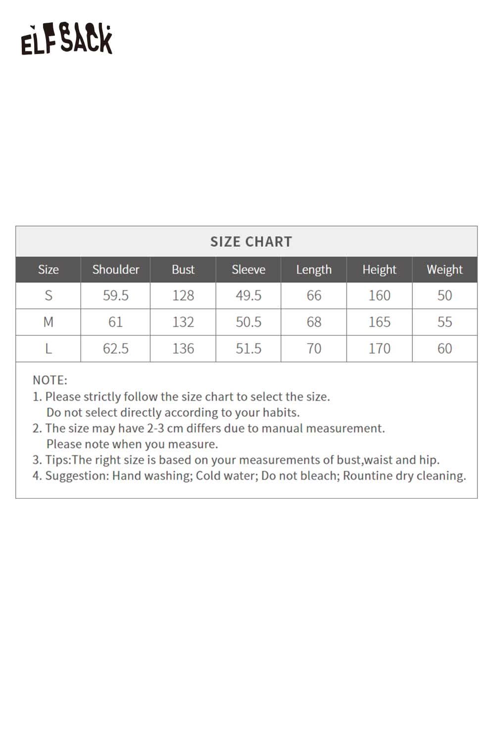 ELFSACK women's graphic plush leather jacket with size chart details for perfect fit