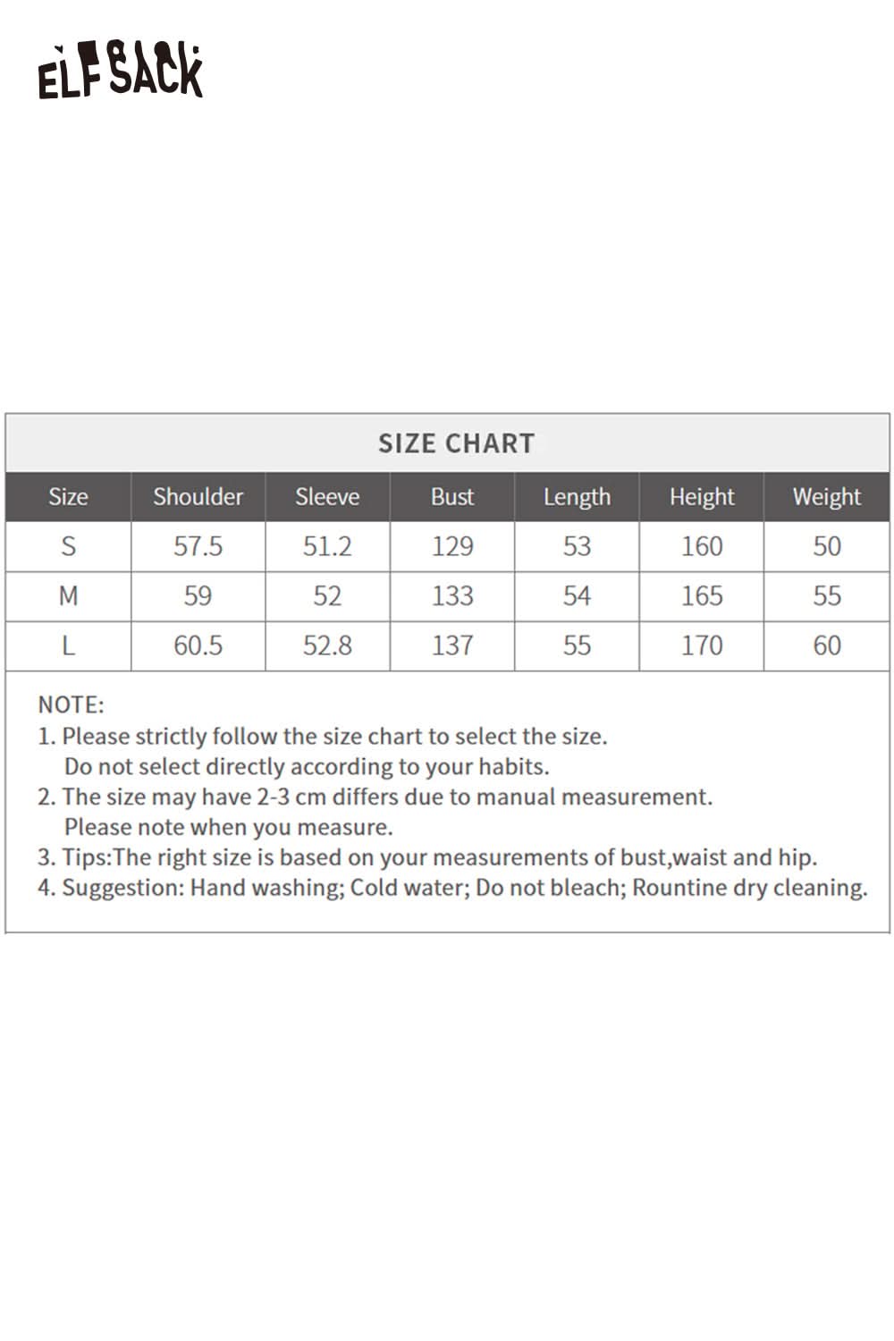 ELFSACK women's graphic print hoodie size chart with measurements for small, medium, and large