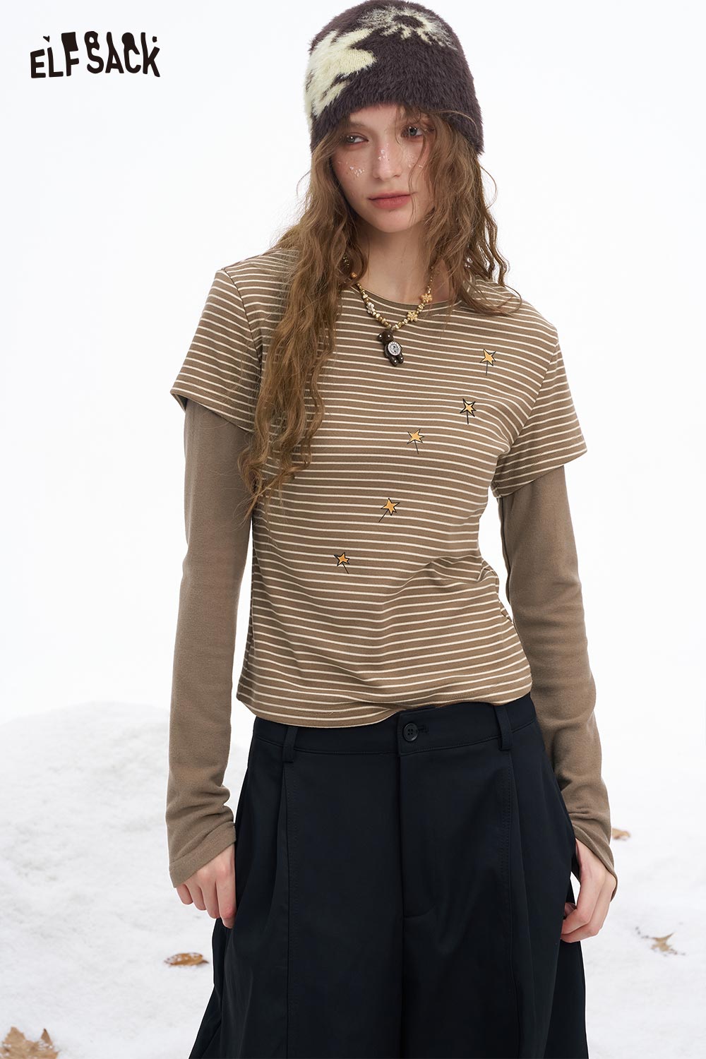 ELFSACK women's graphic stripe long sleeve shirt in brown with unique stripe design and embroidered details