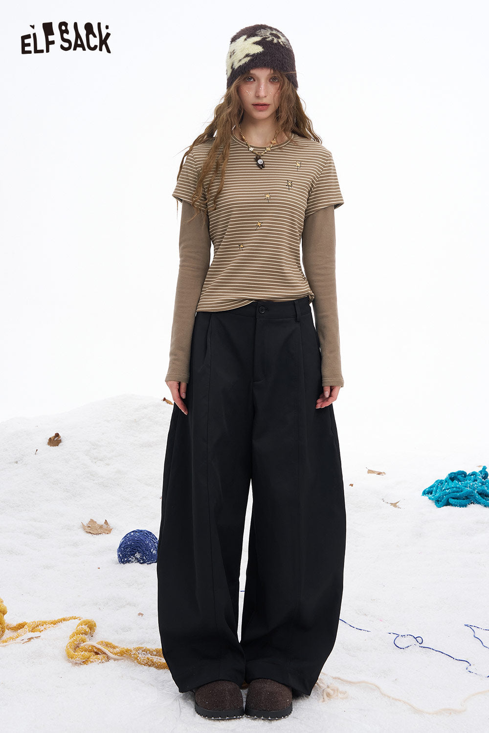 ELFSACK women's graphic stripe long sleeve shirt paired with wide leg black pants for a trendy look