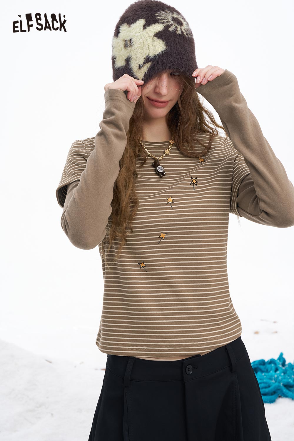 ELFSACK women's graphic stripe long sleeve shirt in brown with unique star design and comfortable fit