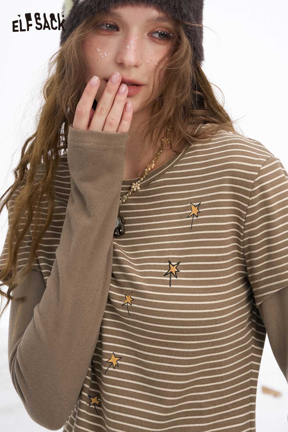 ELFSACK women's graphic stripe long sleeve shirt in brown with star print design and comfortable fit