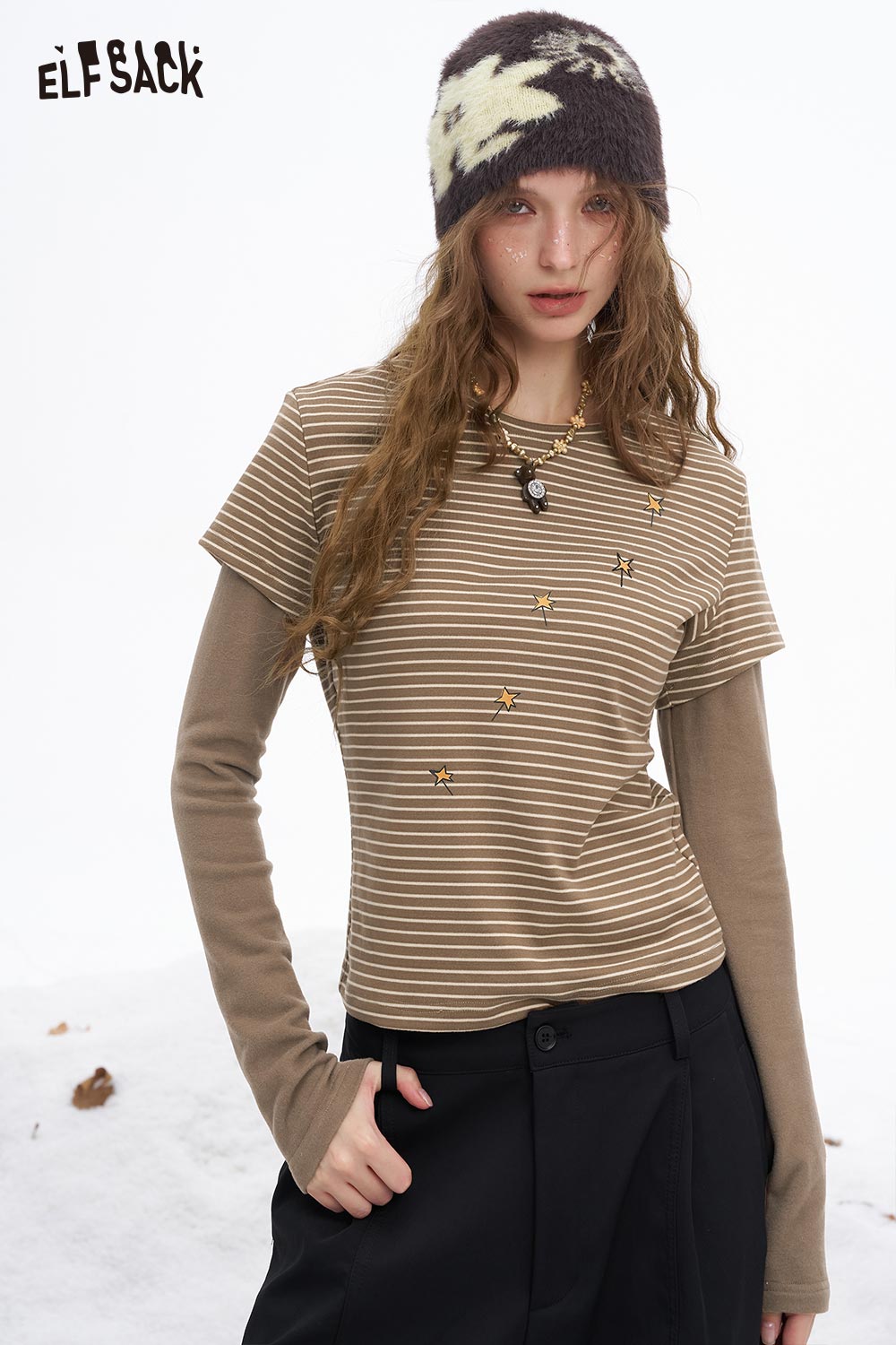 ELFSACK women's graphic stripe long sleeve shirt with a stylish design and comfortable fit