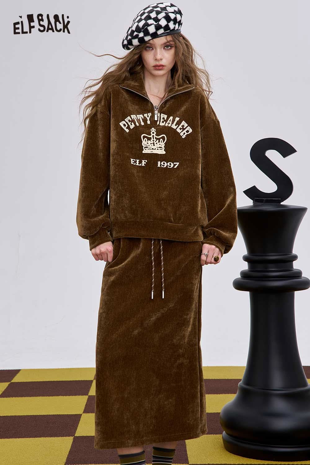 ELFSACK women's graphic sweatshirt and skirt set in brown velvet with trendy logo design