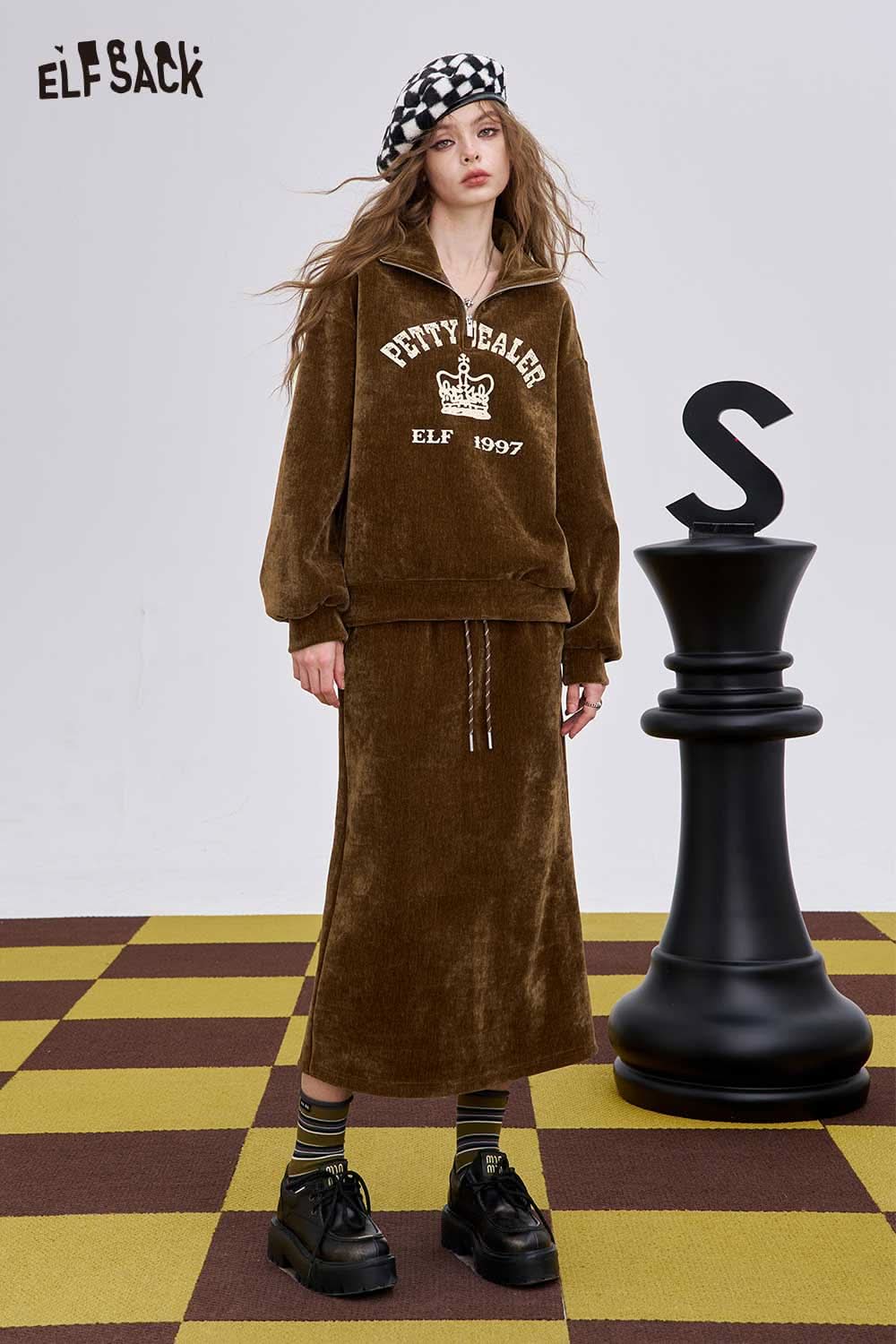 ELFSACK women's graphic sweatshirt and skirt set in brown with a relaxed fit and drawstring details