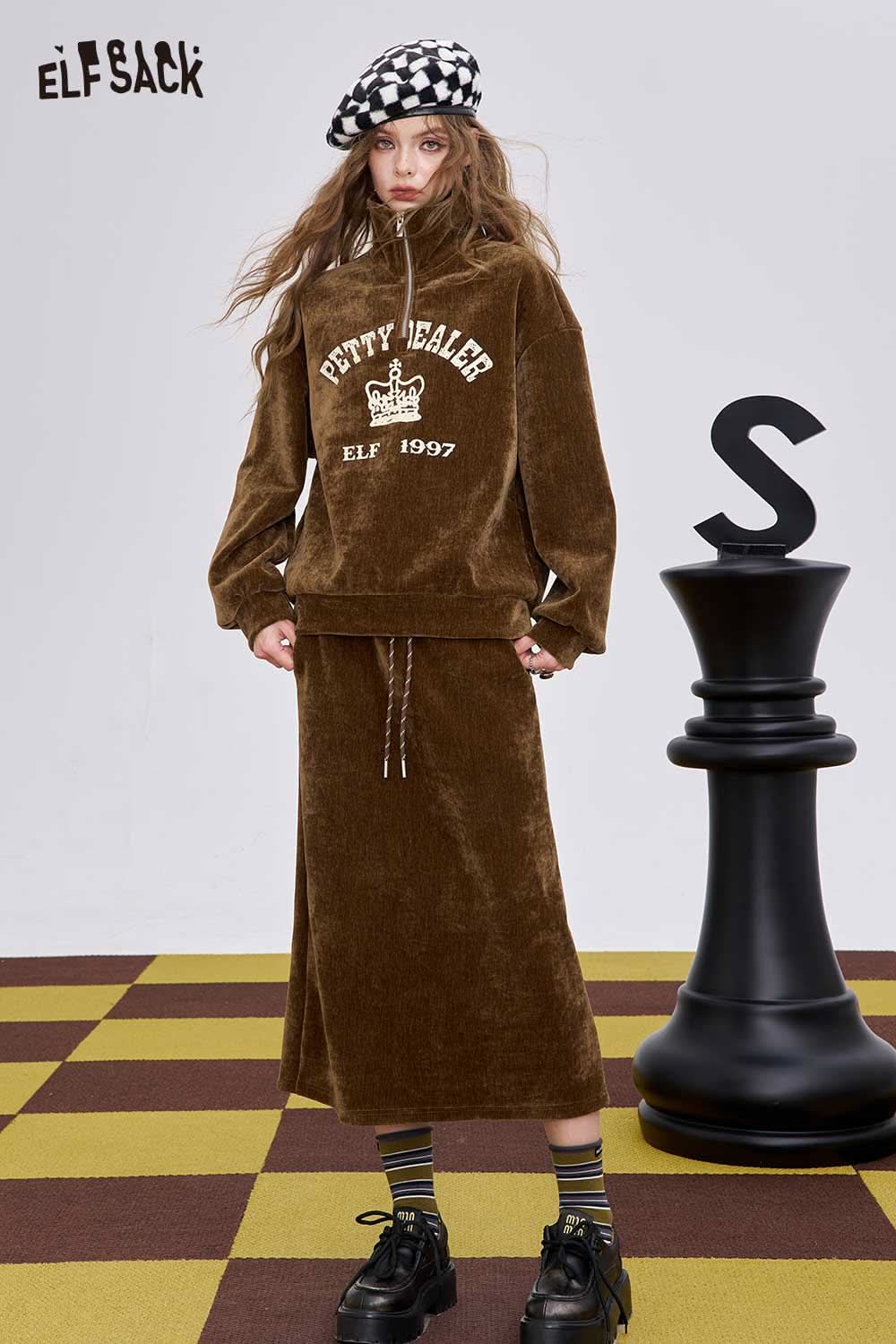 ELFSACK women's graphic sweatshirt and skirt set in brown velvet with a cozy design for stylish comfort