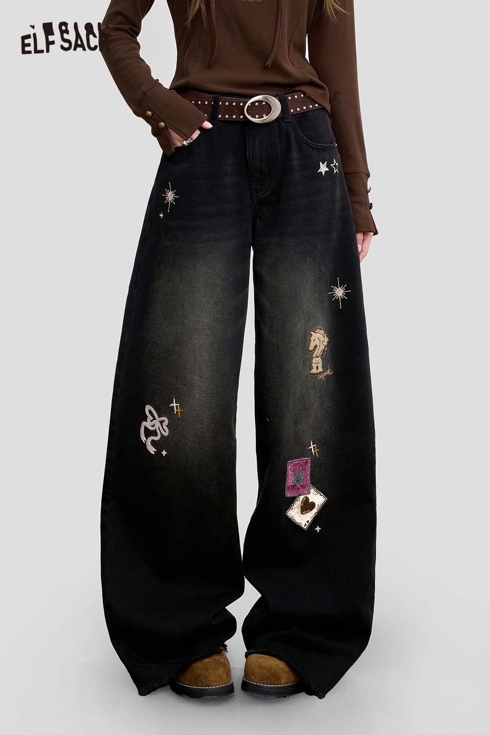 ELFSACK women's graphic wide leg pants featuring unique embroidery and a relaxed fit
