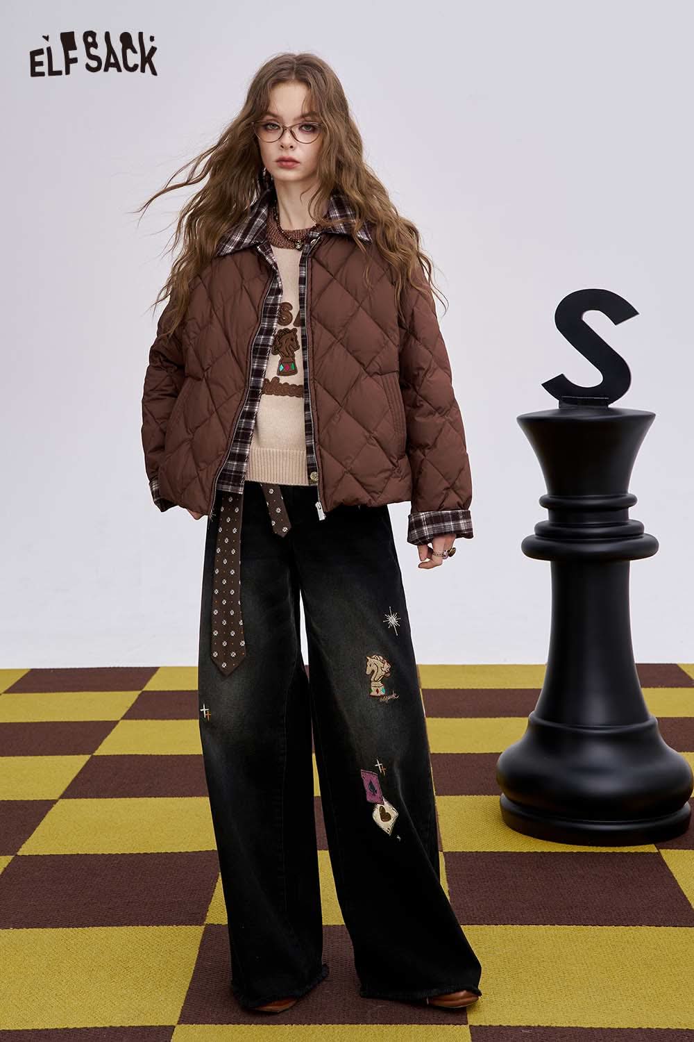 ELFSACK women's graphic wide leg pants styled with a brown quilted jacket for a trendy look