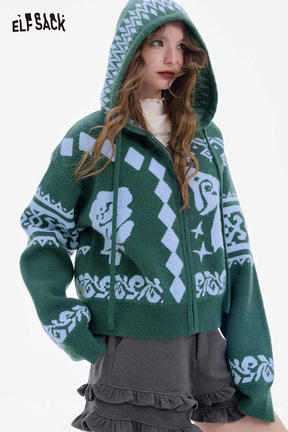 ELFSACK women's graphic zip up hoodie in green with unique pattern and a cozy fit for stylish comfort