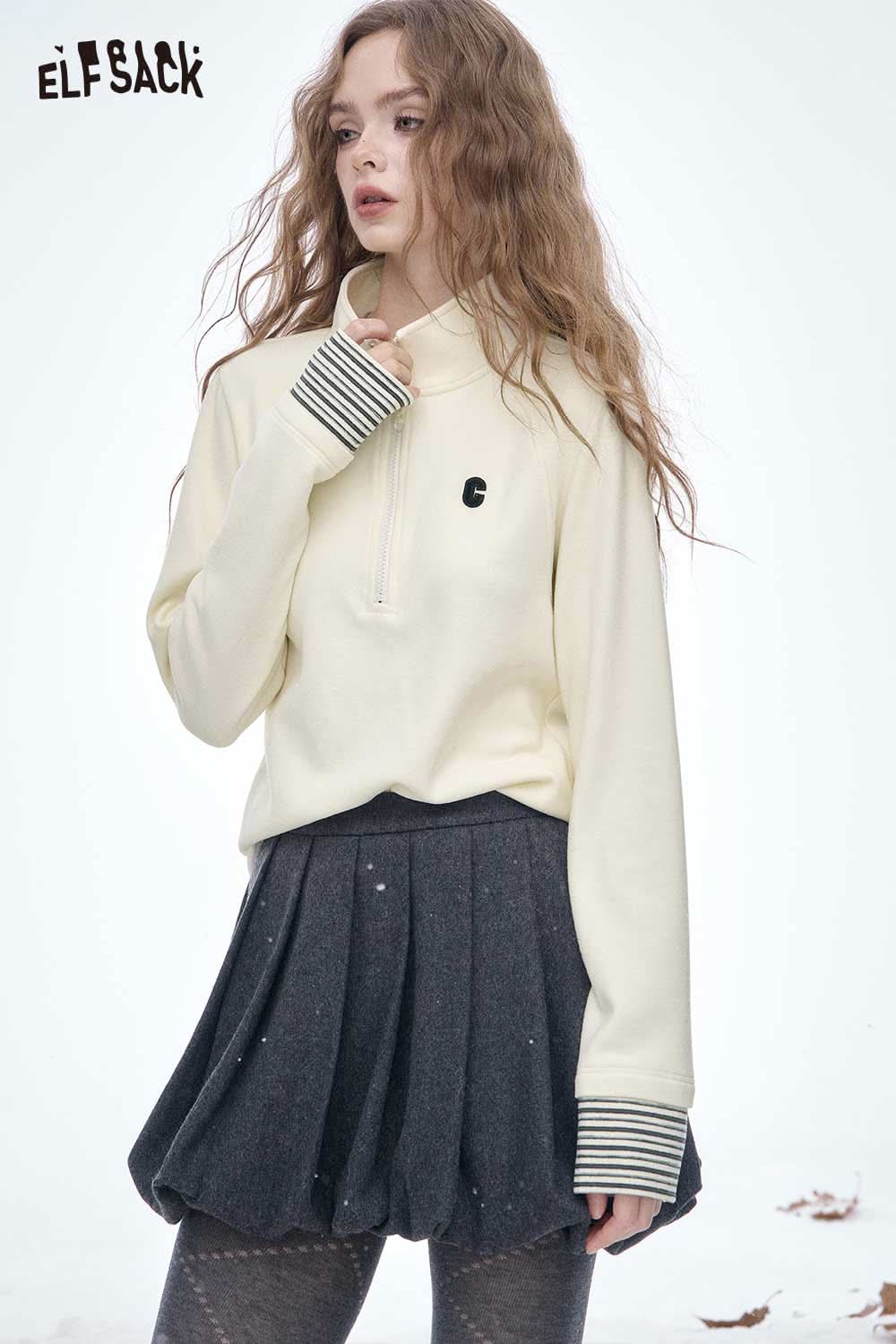 ELFSACK women's half zip high neck tshirt in cream with striped sleeves and a relaxed fit