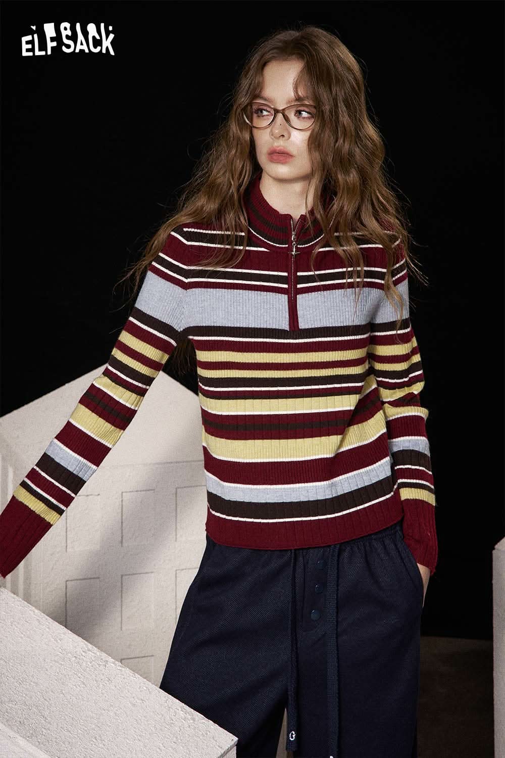 ELFSACK women's half zip knit sweater in striped design with a modern fit, perfect for casual wear.