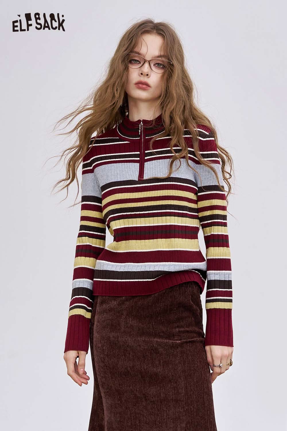 ELFSACK women's half zip knit sweater with bold stripes and high neckline for stylish comfort