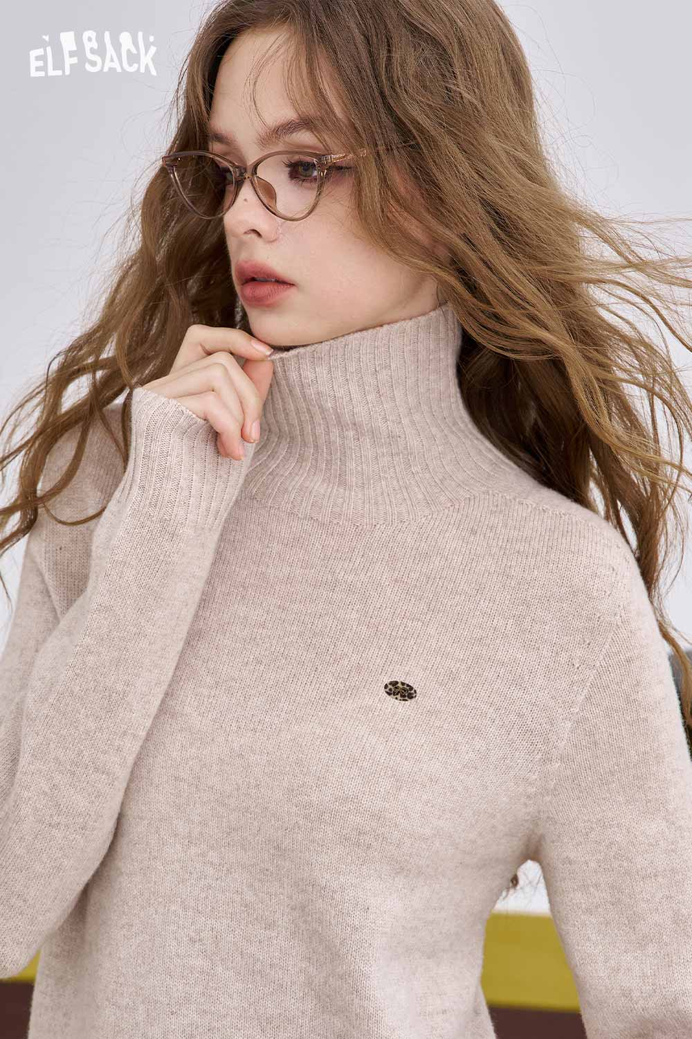 ELFSACK women's high neck knit sweater in soft beige with a stylish design