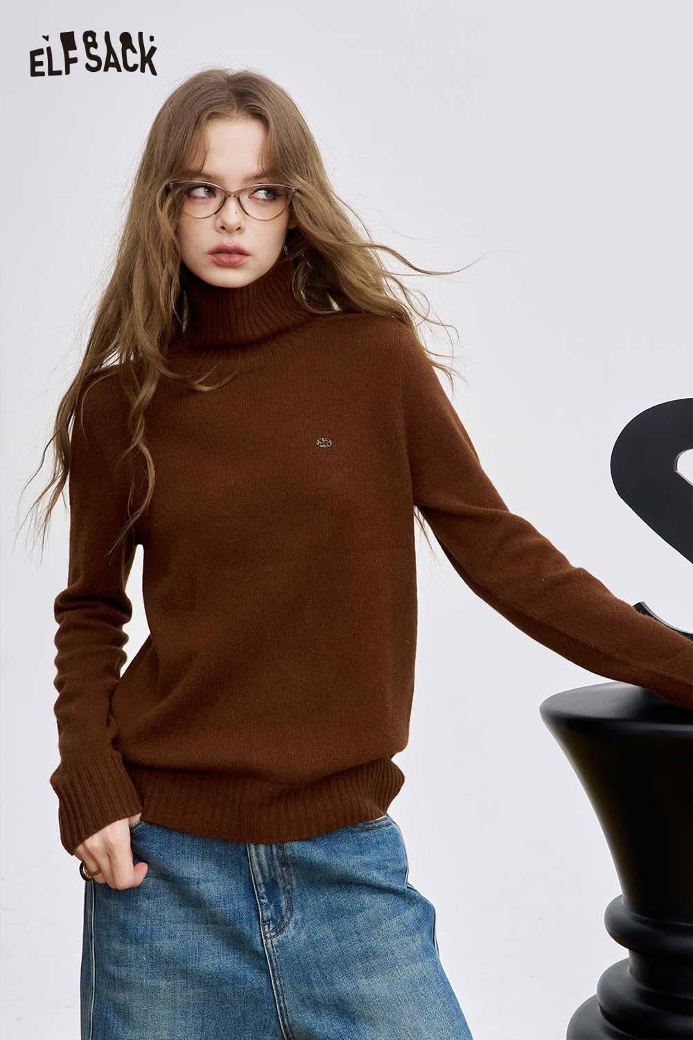 ELFSACK women's high neck knit sweater in brown, perfect for adding cozy style to your wardrobe.