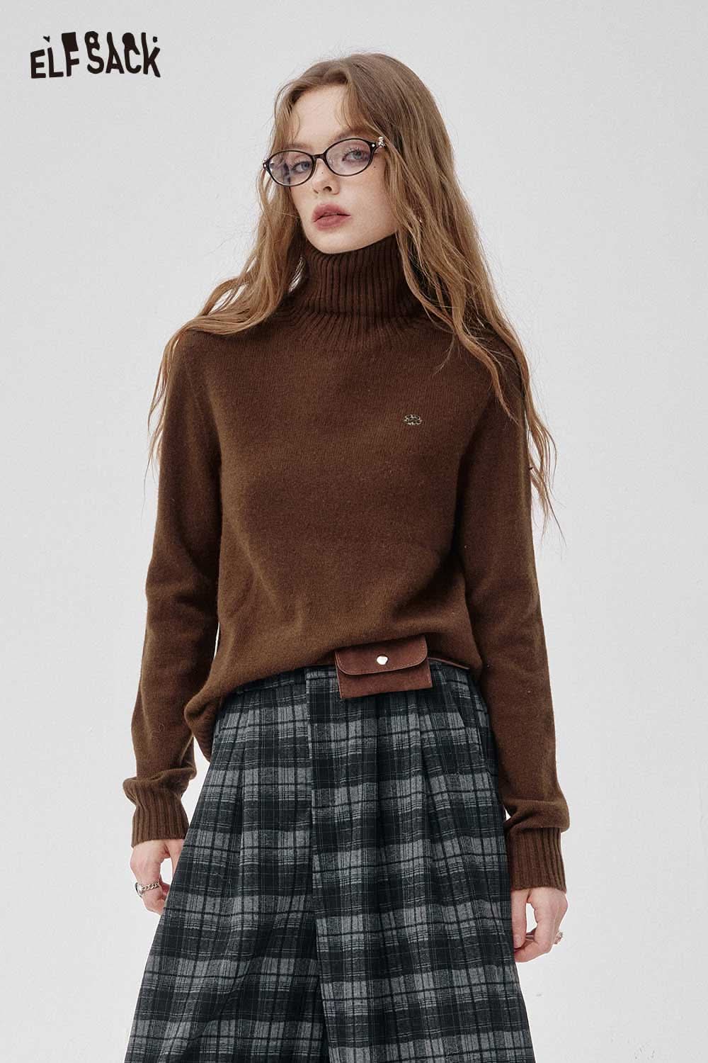 ELFSACK women's high neck knit sweater in brown, styled with plaid trousers for a cozy outfit