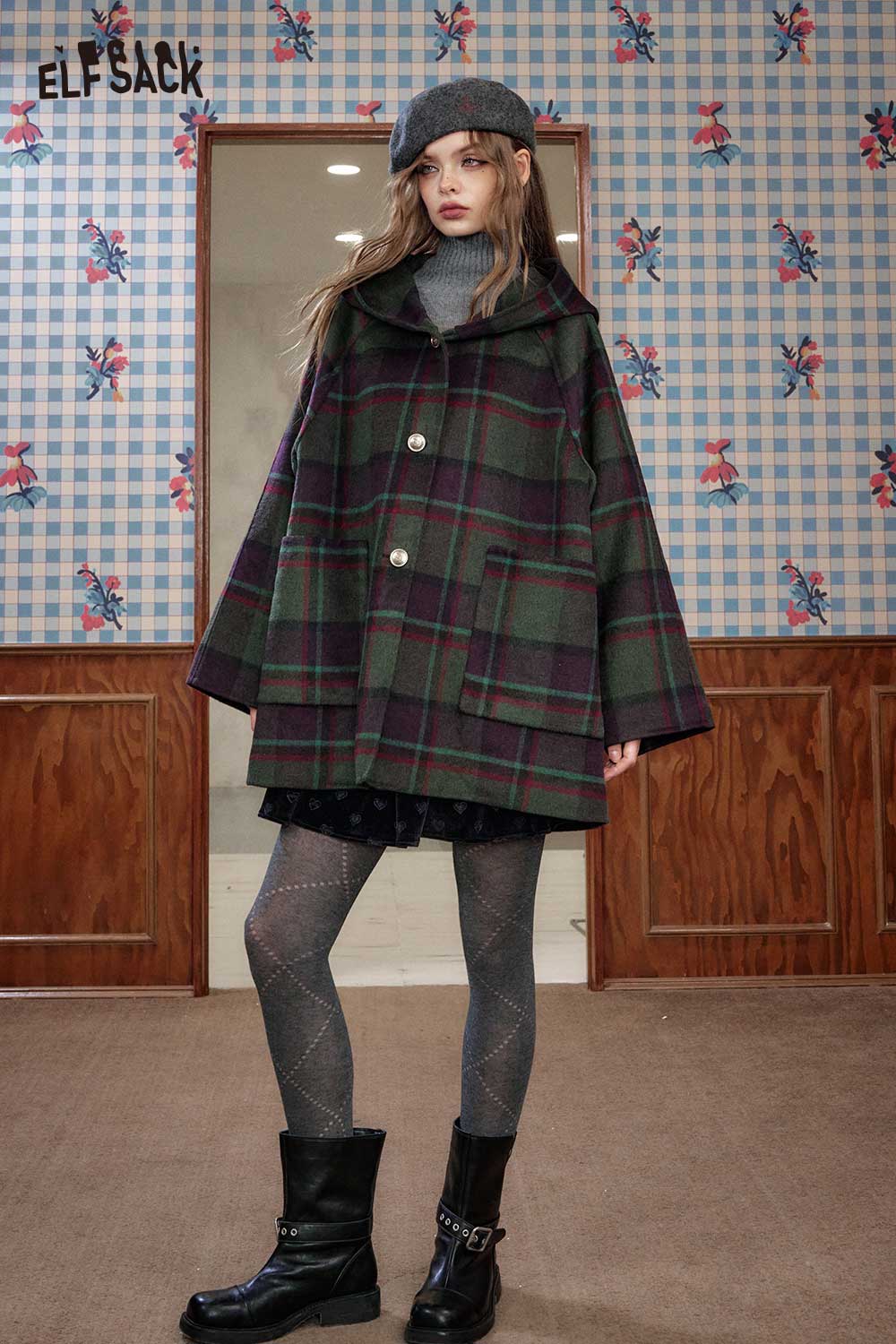 ELFSACK stylish women's high neck knit sweater paired with a plaid coat and skirt for a chic winter look