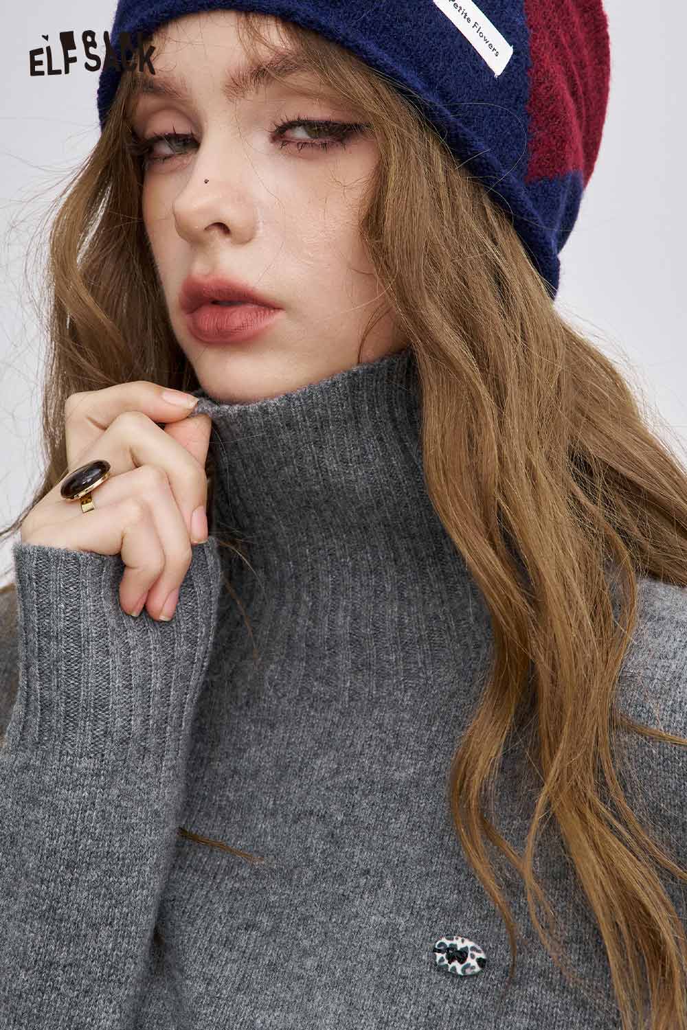 ELFSACK women's high neck knit sweater in gray, featuring ribbed texture and comfortable fit for chilly weather