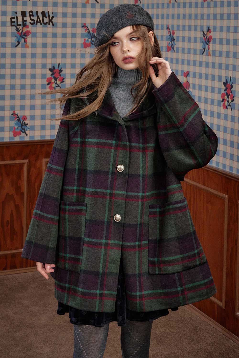 ELFSACK women's high neck knit sweater layered under a stylish plaid coat for a chic look