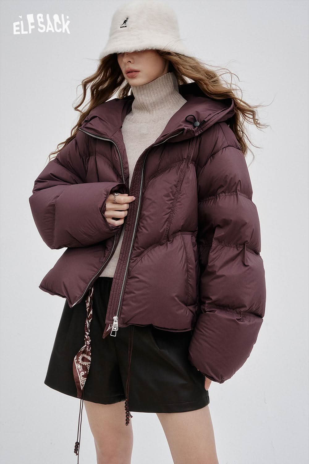 ELFSACK women's high neck knit sweater worn under a stylish puffer jacket for a cozy outfit