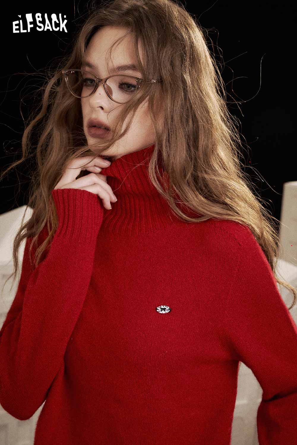 ELFSACK women's high neck knit sweater in vibrant red with a stylish fit and cozy texture