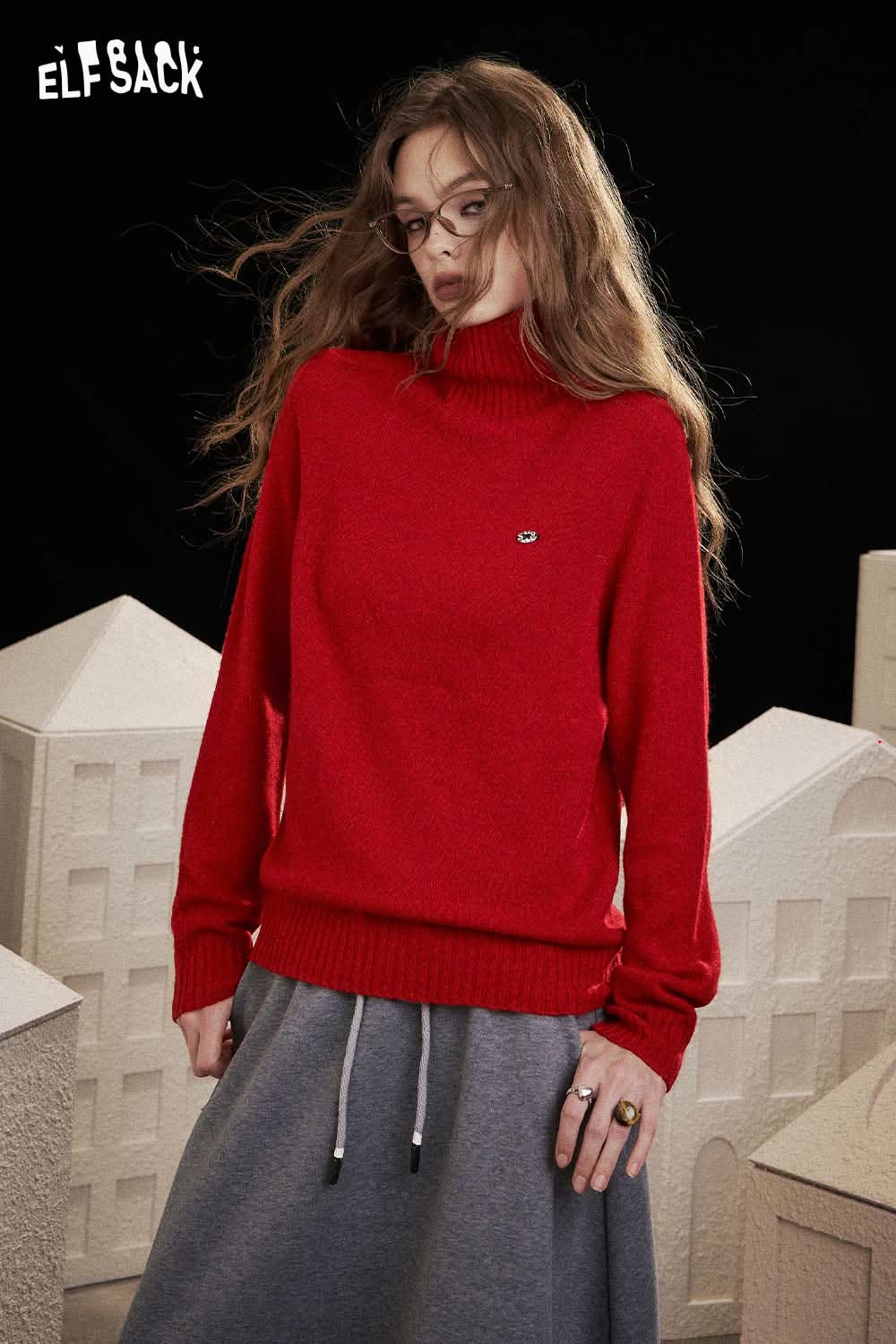 ELFSACK women's high neck knit sweater in vibrant red for a stylish and cozy look