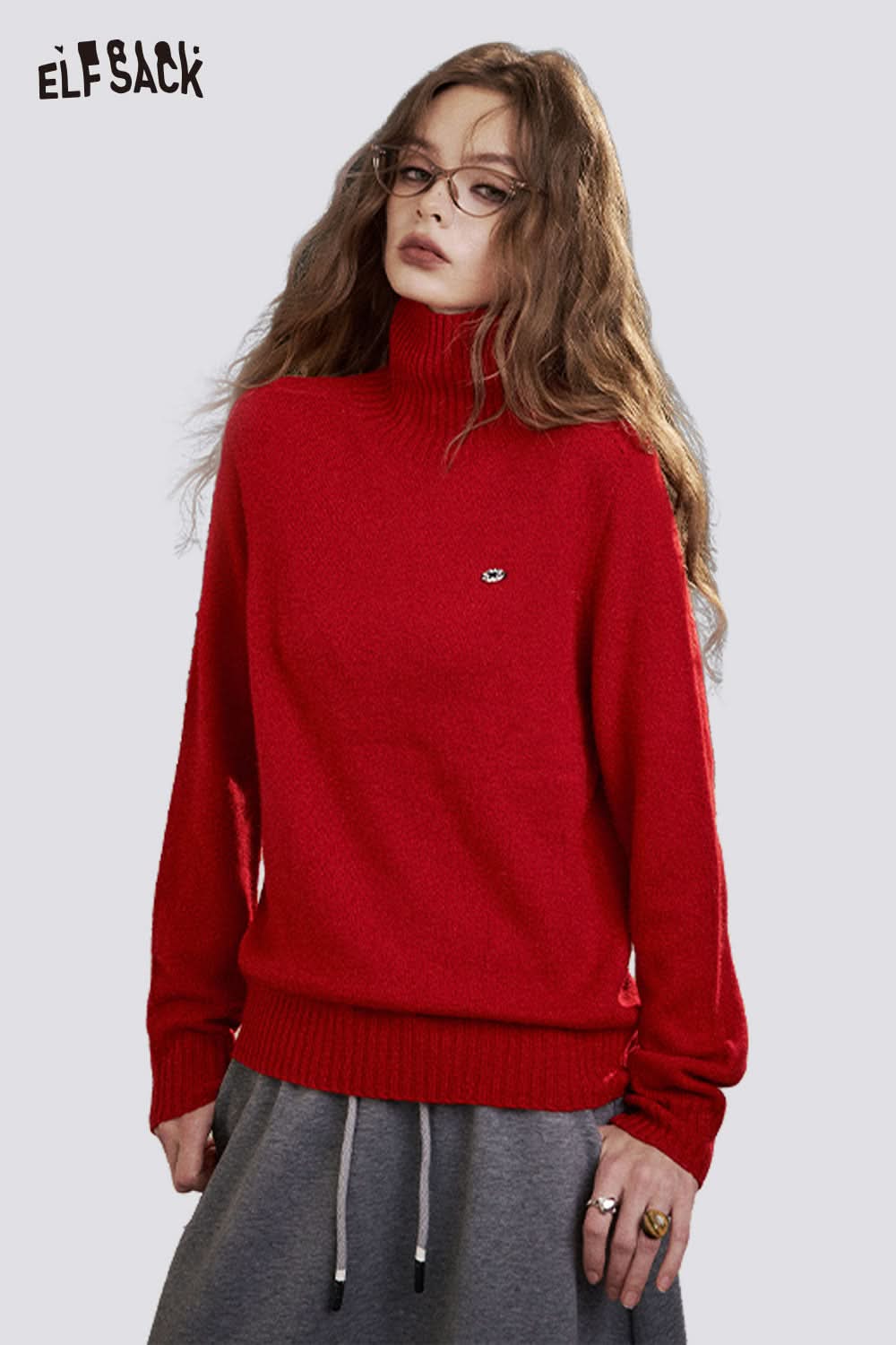 ELFSACK women's high neck knit sweater in red, perfect for cool weather layering with stylish comfort.