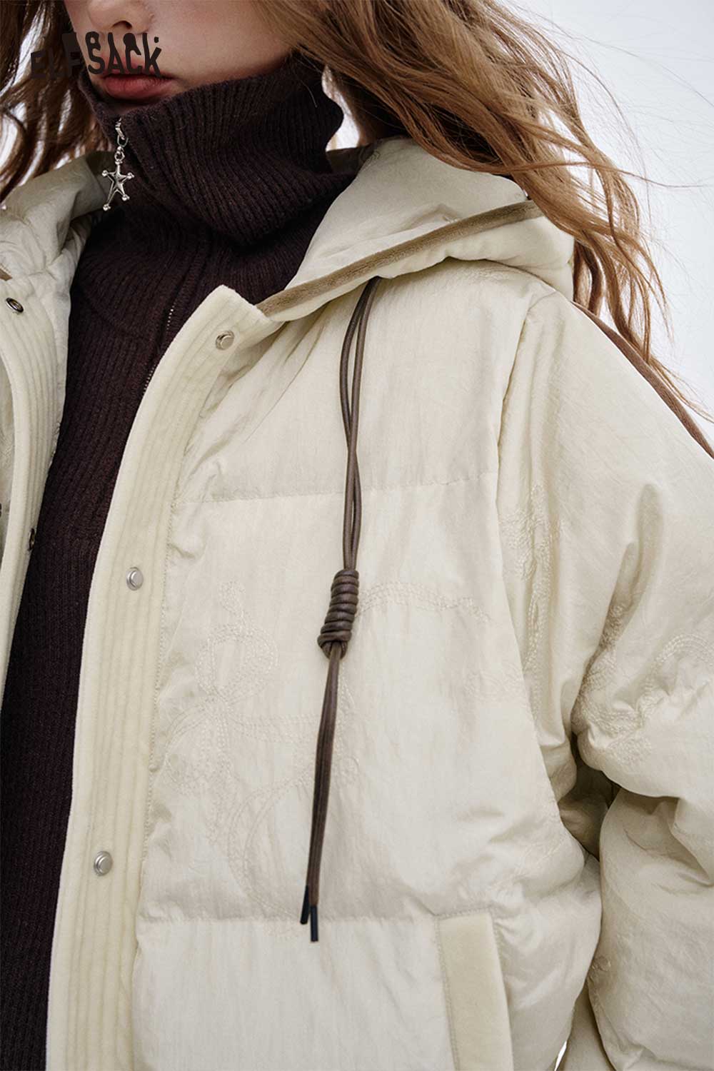 ELFSACK women's hooded down jacket in cream color featuring a stylish design and adjustable drawstring