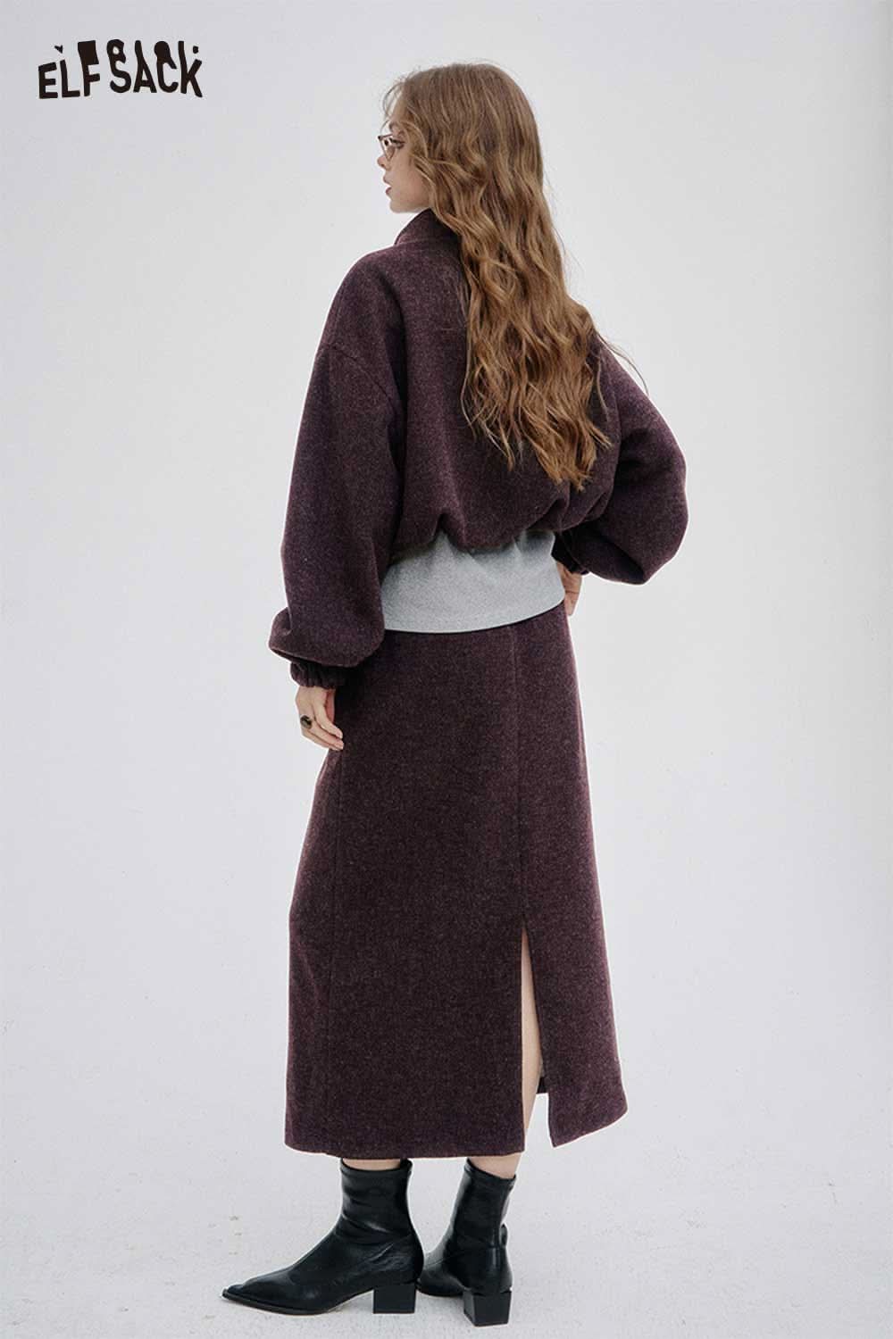 ELFSACK women's hoodie dress set in burgundy with cozy oversized design and stylish slit detail
