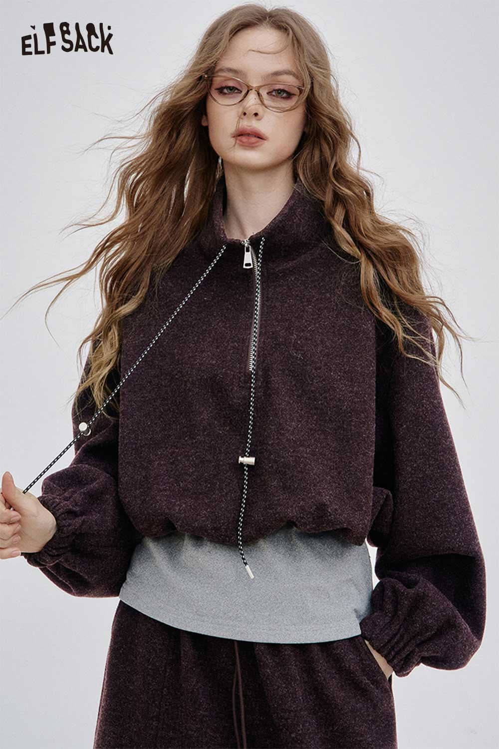 ELFSACK women's hoodie dress set in dark purple with a stylish zip collar and relaxed fit