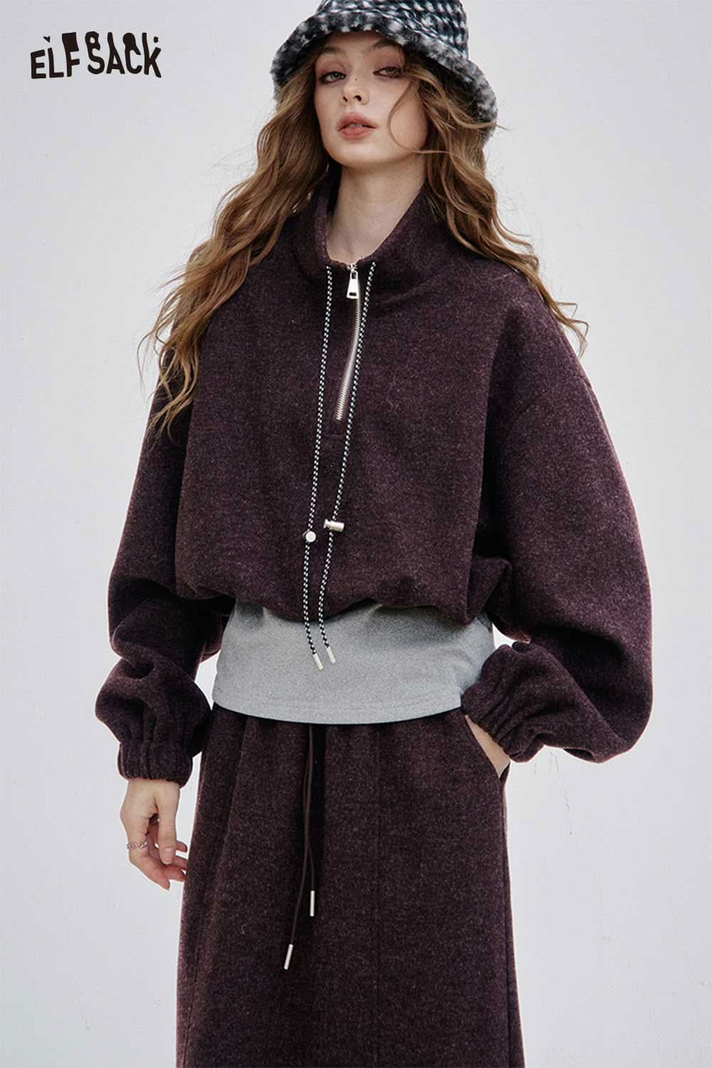 ELFSACK women's hoodie dress set in deep purple with stylish zip and adjustable waist for a trendy look