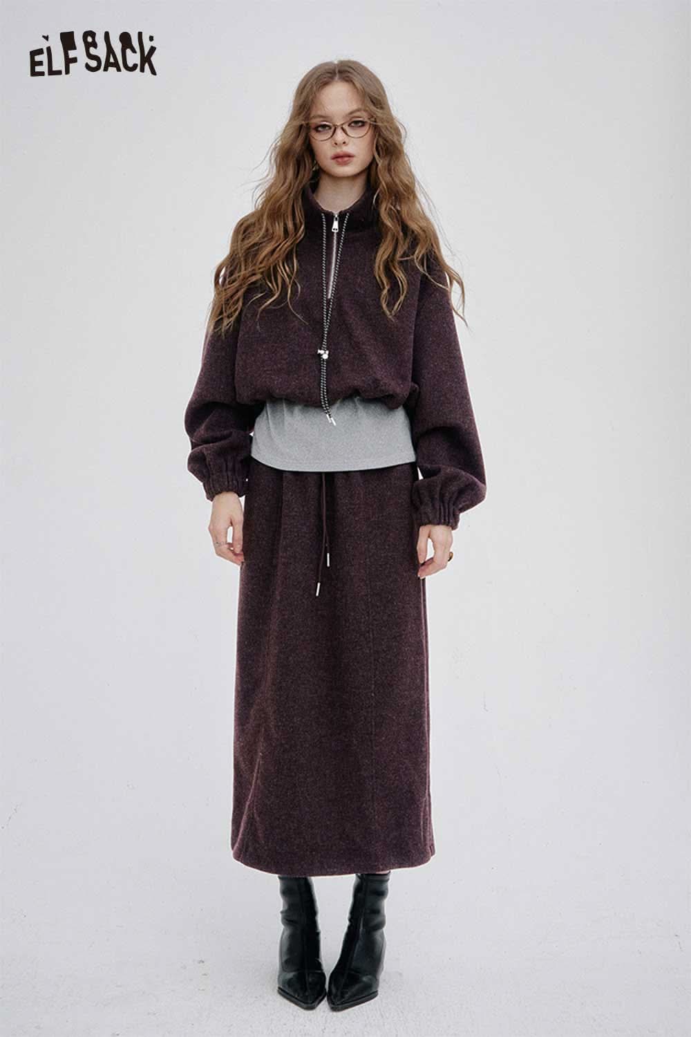 ELFSACK women's hoodie dress set featuring a stylish cropped hoodie and matching skirt in a rich color