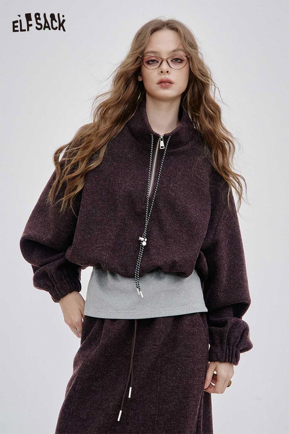 ELFSACK women's hoodie dress set in dark purple with a stylish oversized zip-up design and matching skirt
