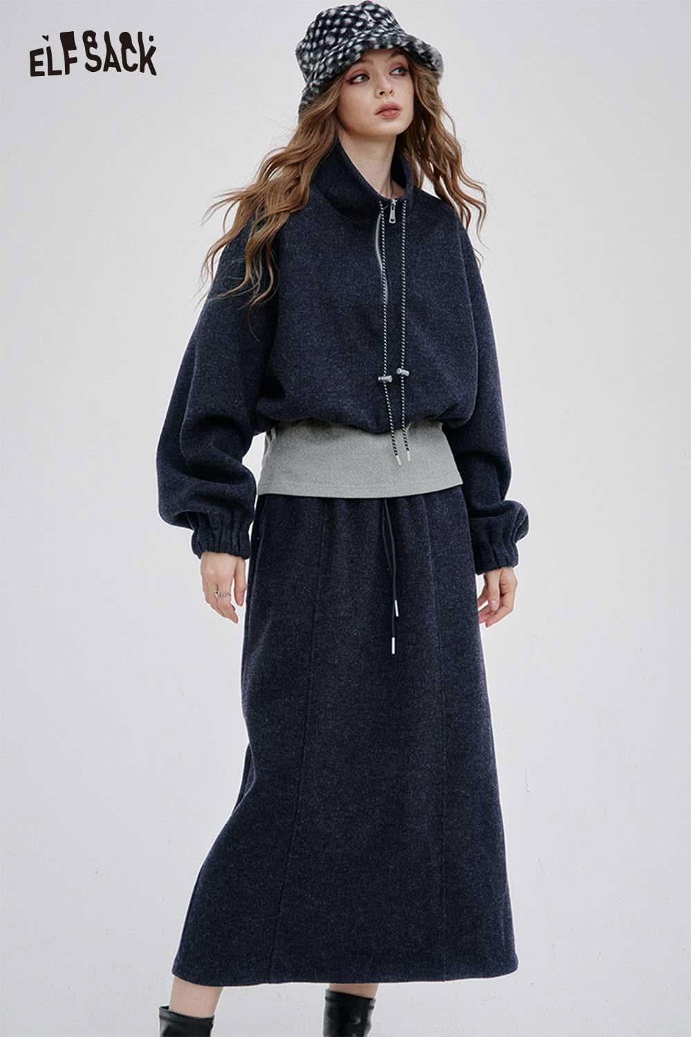ELFSACK women's hoodie dress set in navy with a cozy oversized design and matching skirt