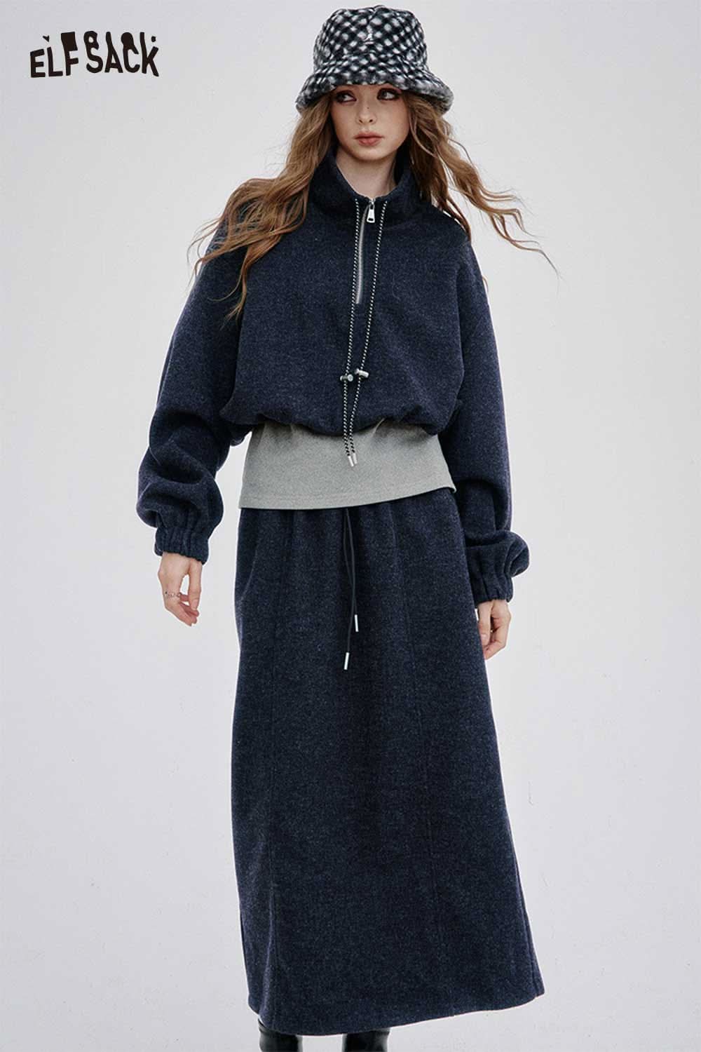 Elegant ELFSACK women's hoodie dress set in navy with a stylish zip collar and drawstring waist