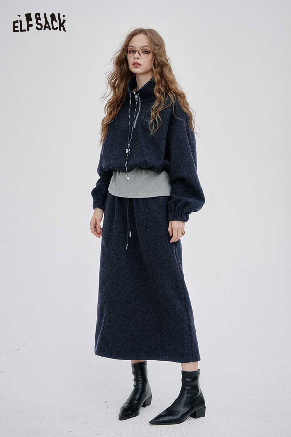 ELFSACK women's hoodie dress set in navy with stylish puff sleeves and matching skirt