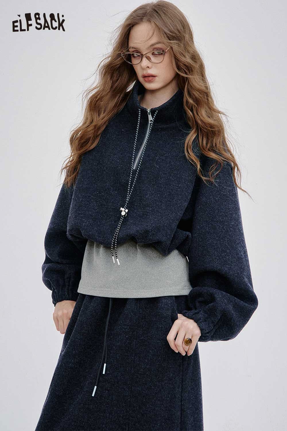 Elegant ELFSACK women's hoodie dress set in navy with a stylish zip collar and comfortable fit