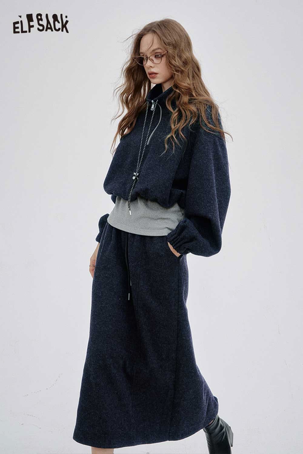 ELFSACK women's hoodie dress set in dark blue featuring a stylish oversized design