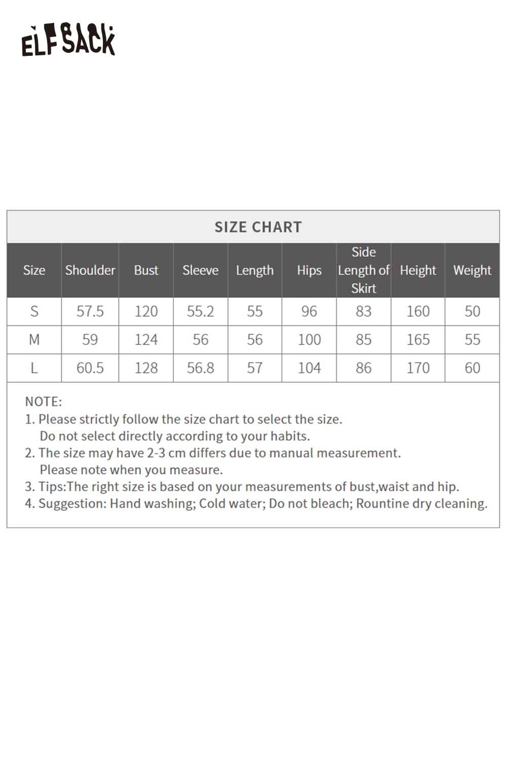 Size chart for ELFSACK women's hoodie dress set with measurements for S, M, and L sizes