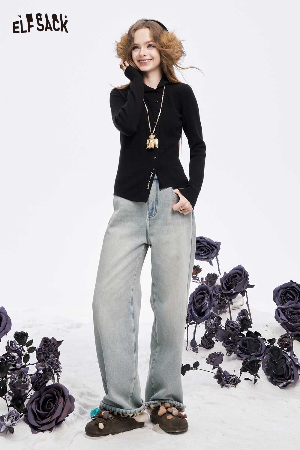 ELFSACK women's irregular button knit sweater paired with casual light blue jeans and cozy accessories