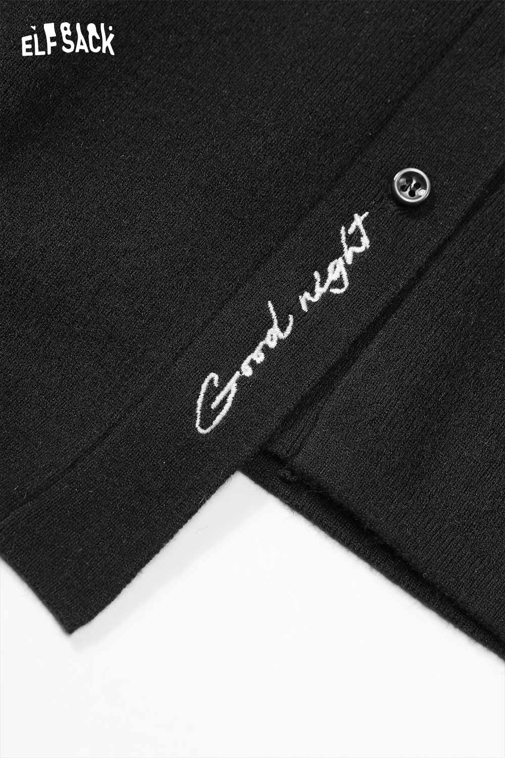 ELFSACK women's irregular button knit sweater with 'Good Night' embroidery detail in black