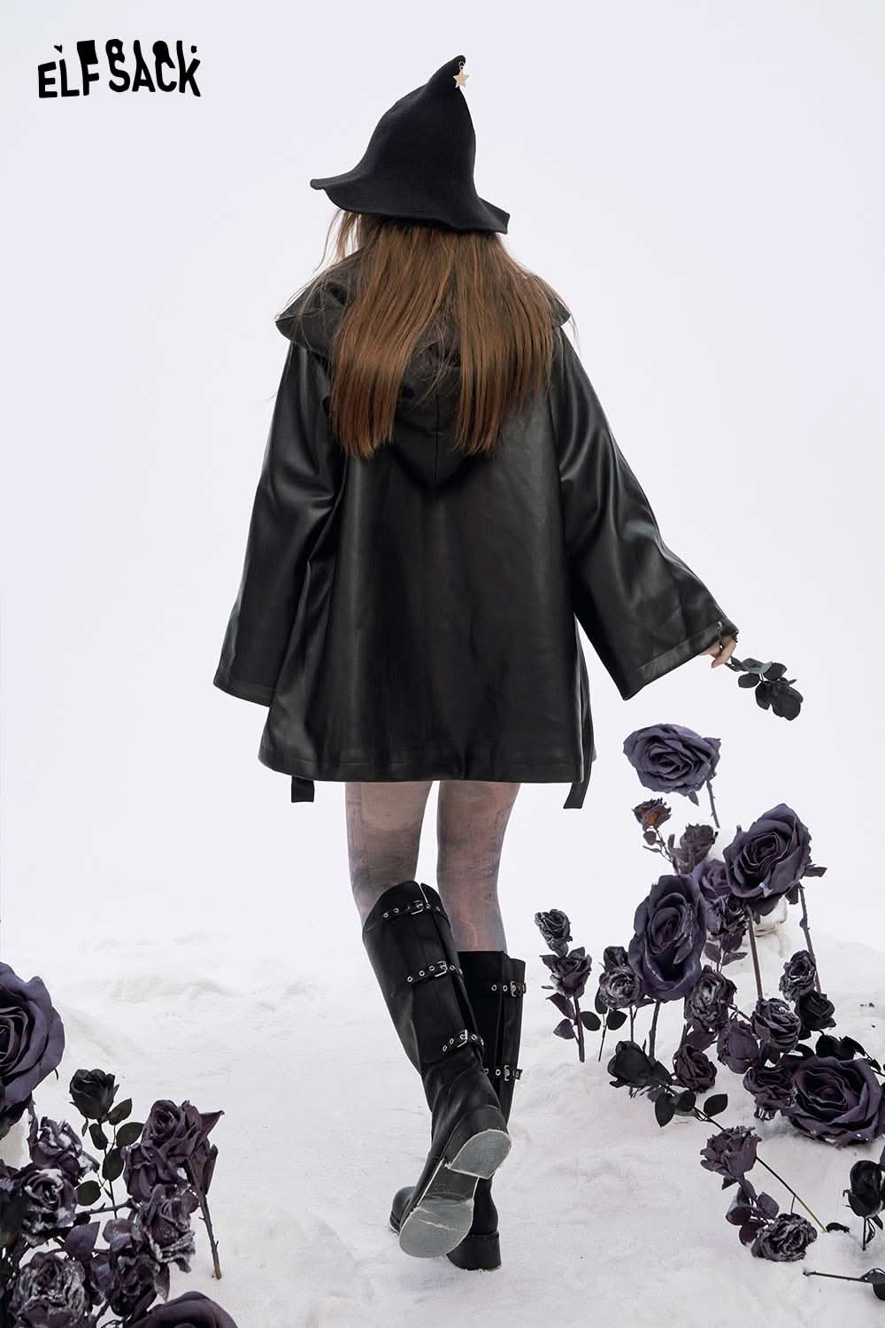 ELFSACK women's leather hooded coat with a relaxed fit and stylish design for a trendy look