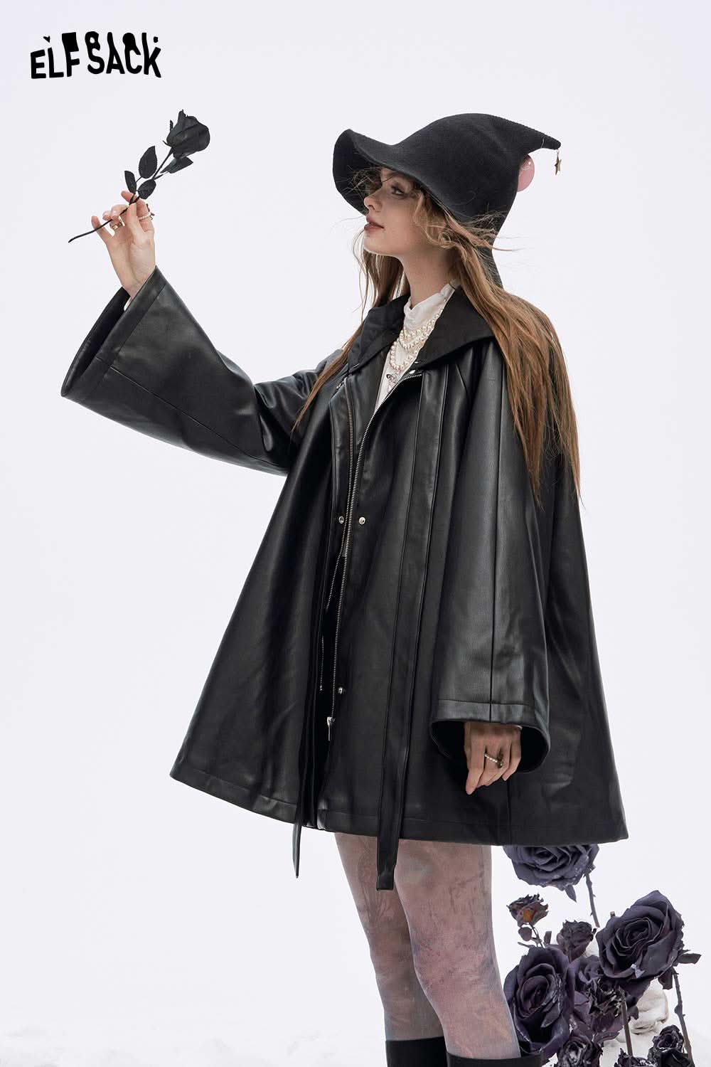 ELFSACK women's leather hooded coat with a stylish design and flowing sleeves for a chic look